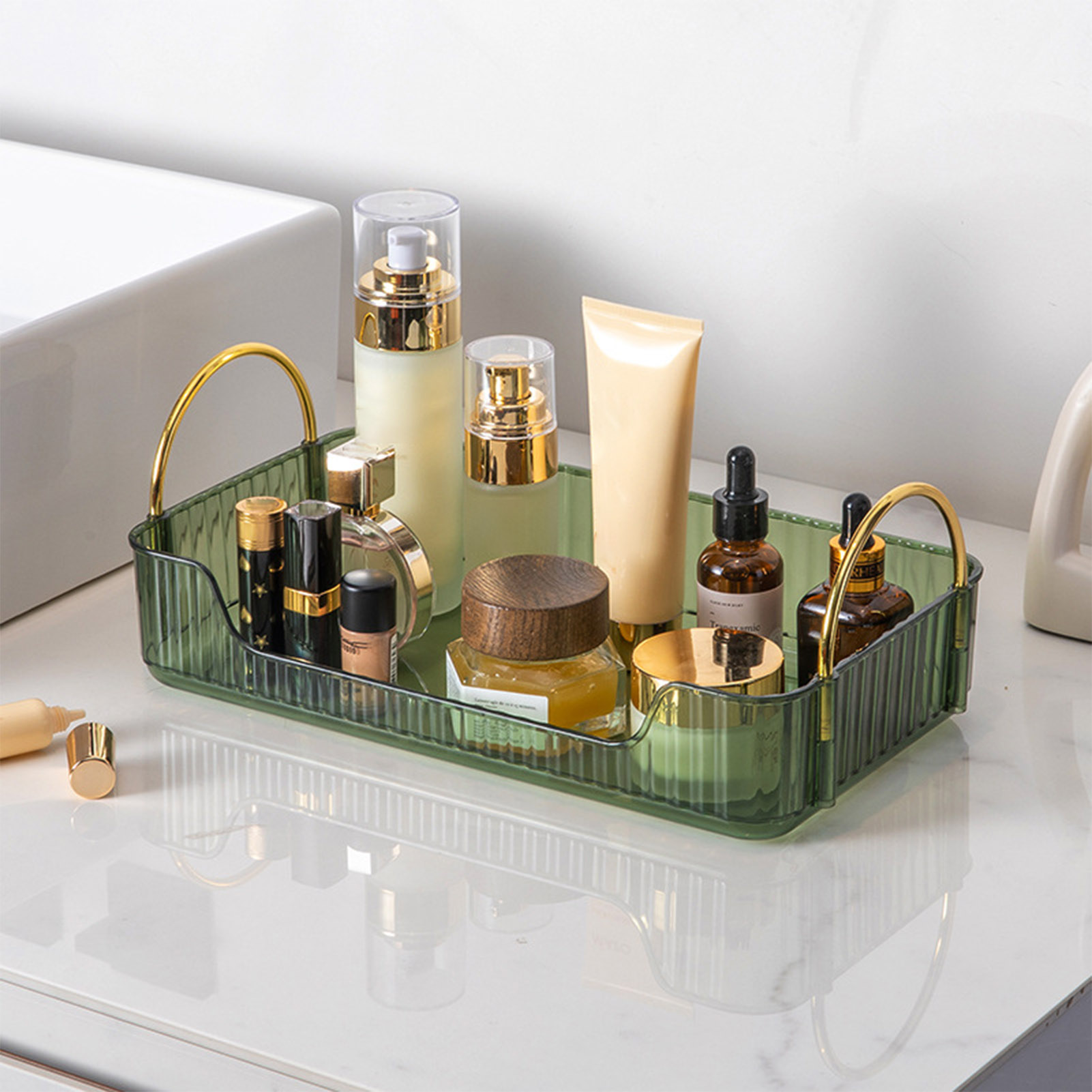 Luxury Skincare Tray - バスルームオーガナイザーラックライト高級アクリル収納ホルダー、ジュエリー、化粧品、スキンケア、ヘアアクセサリー、家庭用収納ボックス
