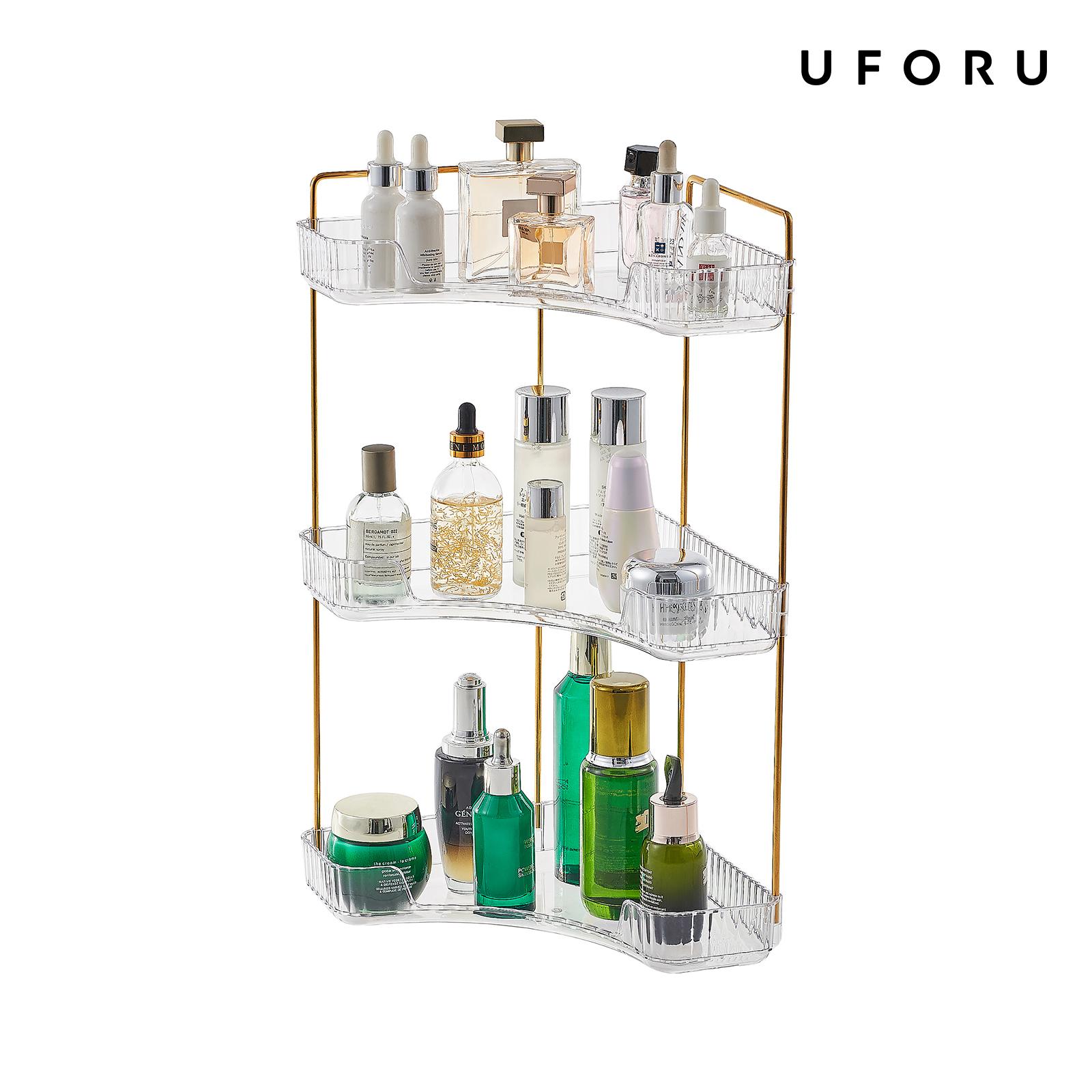 Luxury Skincare Tray - 3段クリアバスルームオーガナイザー、コーナーカウンター収納棚、高級化粧品香水メイクアップトレイ、スキンケアディスプレイスタンドラック、ゴールドメタルポール付き、洗面台キッチンデスクトップスペース節約用