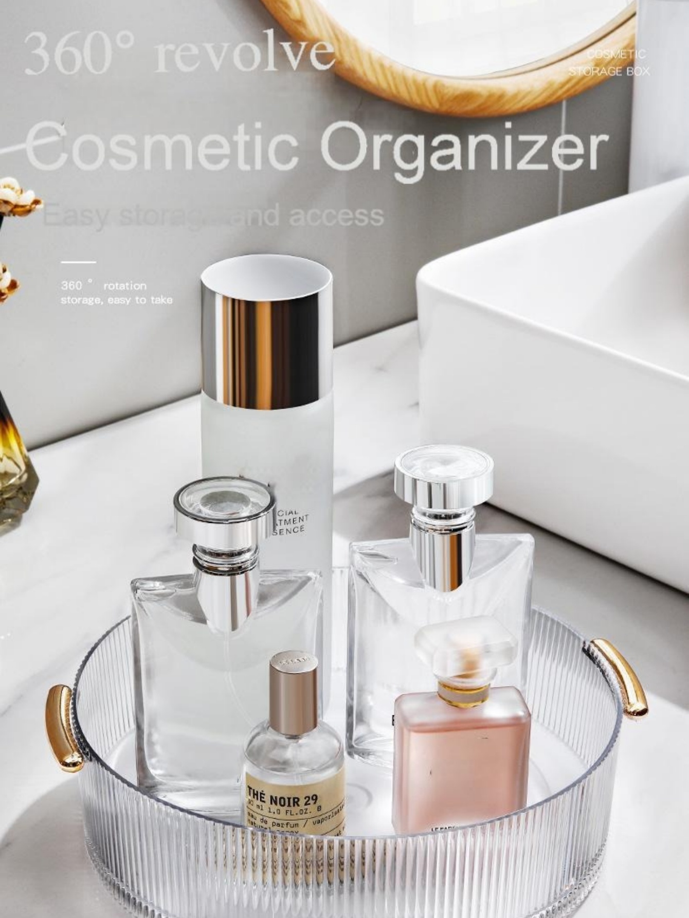 縦型リブ付き透明メイクアップ収納トレイ、大型丸型回転式化粧品 - Luxury Skincare Tray のレビューと価格