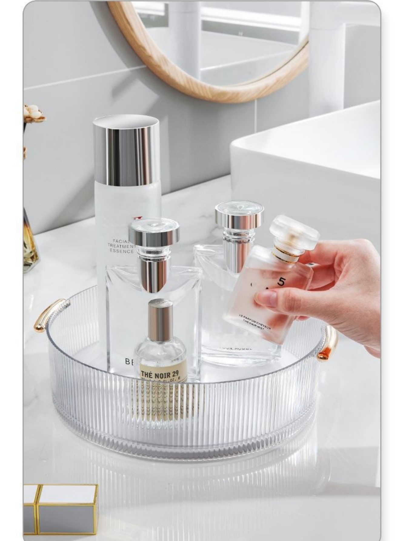 縦型リブ付き透明メイクアップ収納トレイ、大型丸型回転式化粧品 - Luxury Skincare Tray のレビューと価格